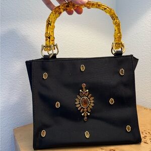 Vintage Jeweled Top Handle Bag Bamboo Style Handle Black Evening Purse